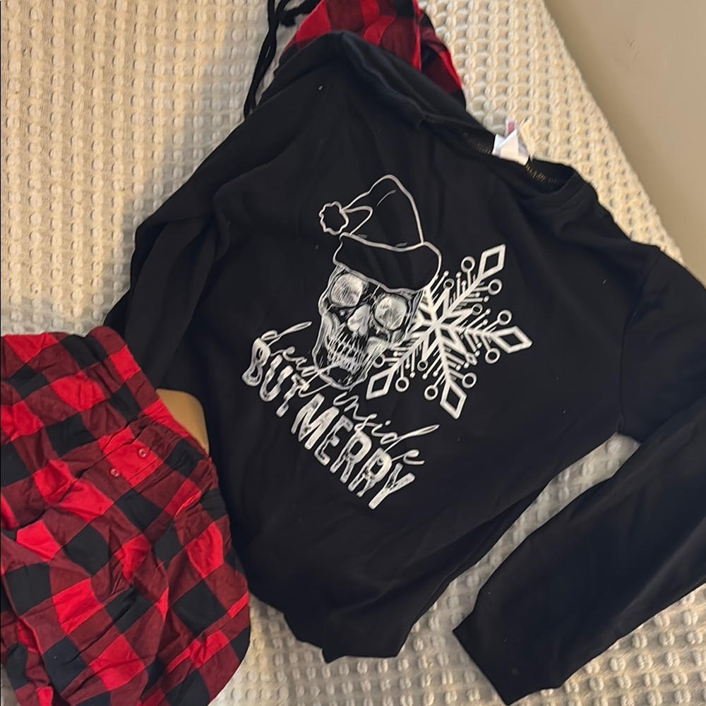 Black Graphic Long Sleeve with Red Plaid Pants
